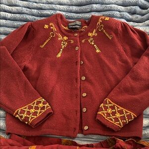 Herman Geist vintage Embroidered Maroon Cardigan with bronze Accents